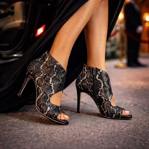 Gianni Bini Snakeskin Leather Peep Toe Ankle Bootie Stiletto Heel 7 - Picture 1 of 15